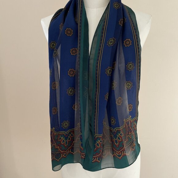 Vintage 80s Silk Scarf Navy Medallions Sheer Satin Stripe Rectangular 10.5X52" - Picture 3 of 6